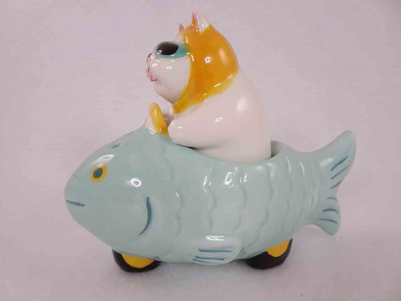 Clay Art salt and pepper shakers series of animals in funny race cars - cat in fish