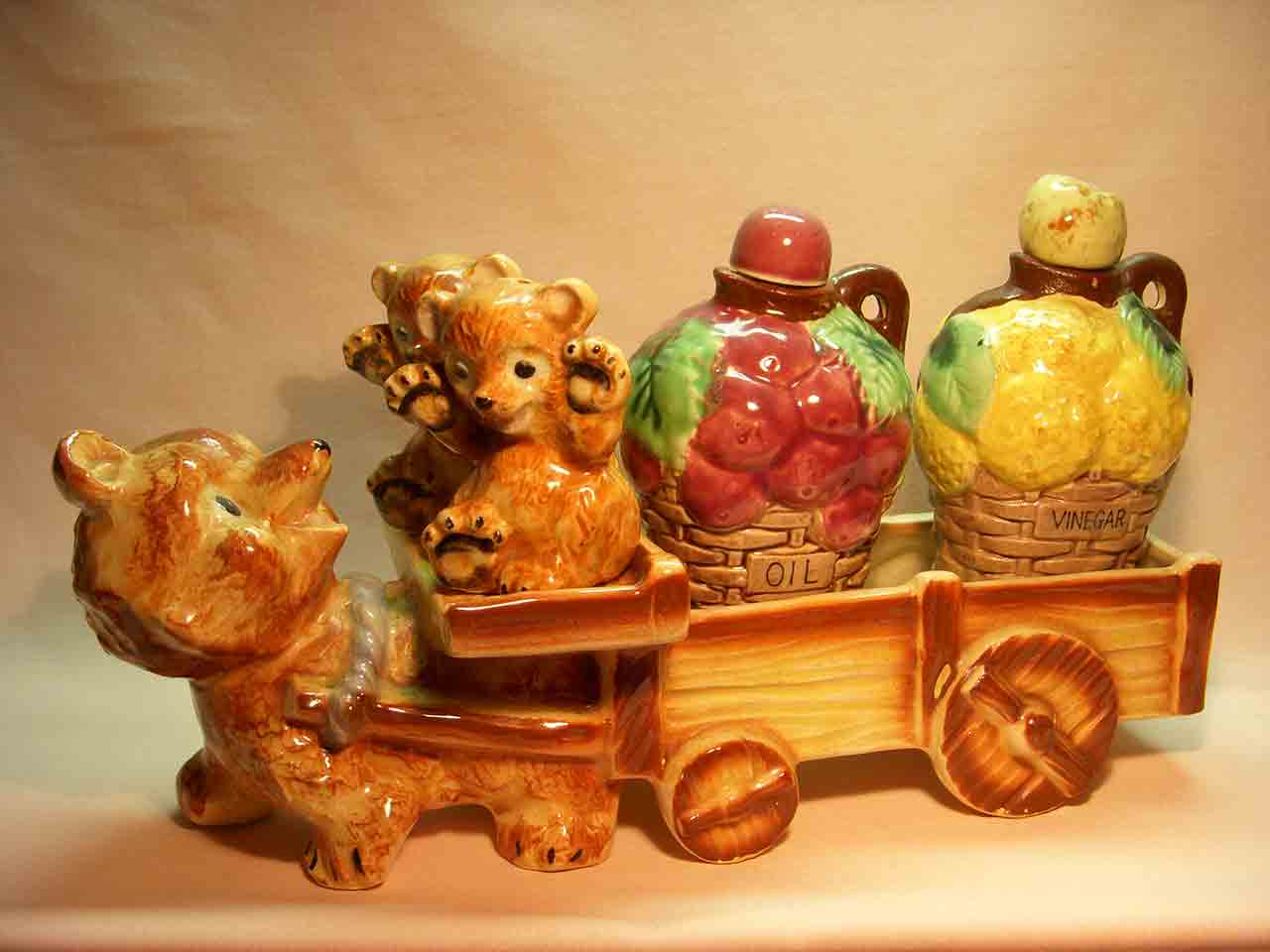 Bear pulling bear cubs and cart salt and pepper shaker with oil and vinegar jars