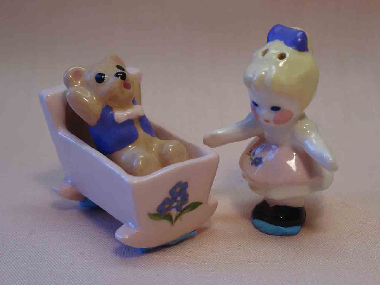 Miniature girl with teddy bear in cradle salt and pepper shaker by Sandy Srp